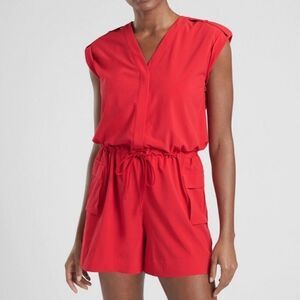 Athleta Sutton V-Neck Cinch Waist Hibiscus Red Romper